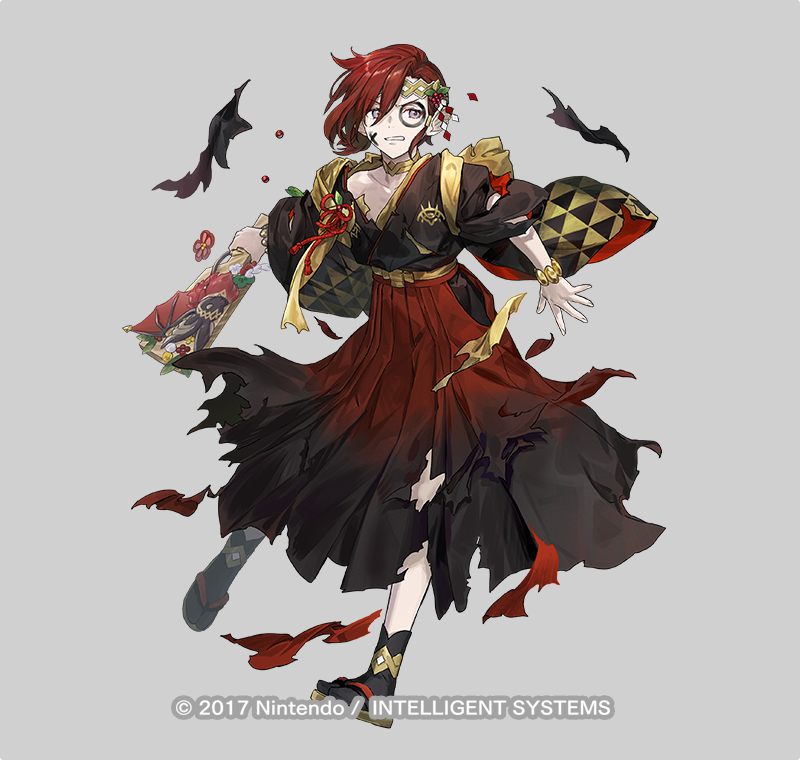 1boy animal_ears azu-taro bat_ears black_socks circlet elm_(fire_emblem) elm_(new_year)_(fire_emblem) emblem facepaint fire_emblem fire_emblem_heroes full_body grey_background hagoita hair_over_one_eye japanese_clothes kimono male_focus nintendo official_art paddle red_hair rope sandals shimenawa socks solo tabi torn_clothes trap zouri