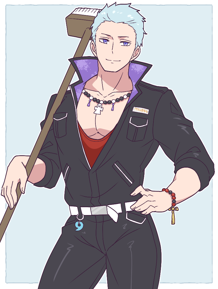 1boy aopanda bara bead_bracelet bead_necklace beads belt black_jumpsuit blue_hair bracelet broom closed_mouth hair_slicked_back hand_on_own_hip high_collar holding holding_broom idolmaster idolmaster_side-m jewelry jumpsuit kuzunoha_amehiko large_pectorals looking_at_viewer male_focus muscular muscular_male necklace pectoral_cleavage pectorals purple_eyes red_undershirt shikigami shirt simple_background smile solo white_belt
