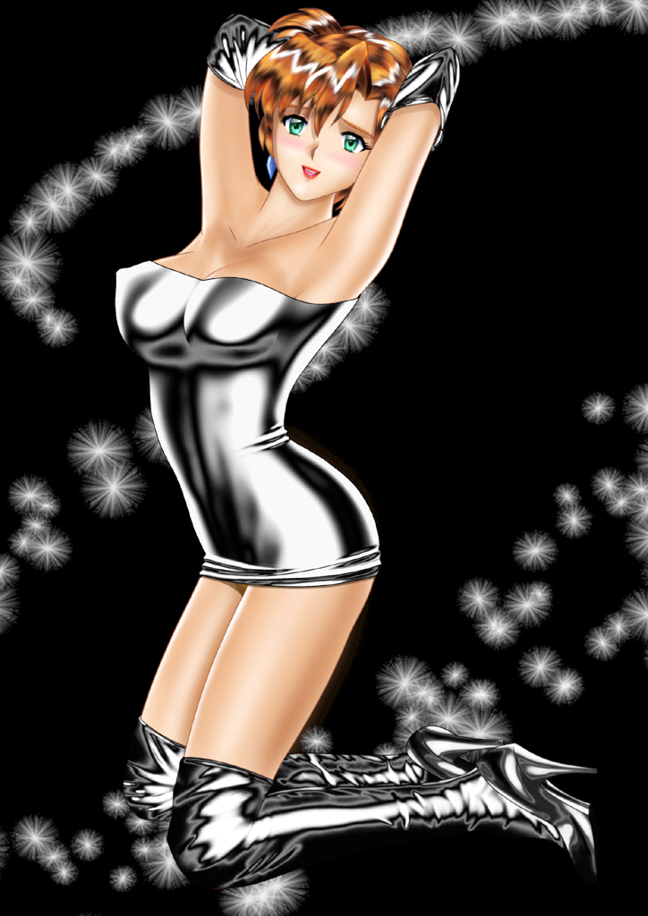 1girl agent_aika aika_(series) alternate_costume armpits arms_up black_background black_boots black_dress black_gloves blush boots breasts brown_hair cleavage collarbone dress earrings elbow_gloves female_focus full_body gloves green_eyes hair_between_eyes high_heel_boots high_heels jewelry kneeling large_breasts lips lipstick looking_at_viewer makeup medium_breasts neck open_mouth red_lips short_dress short_hair smile solo strapless strapless_dress sumeragi_aika tube_dress yuusuke_(ziyasu)