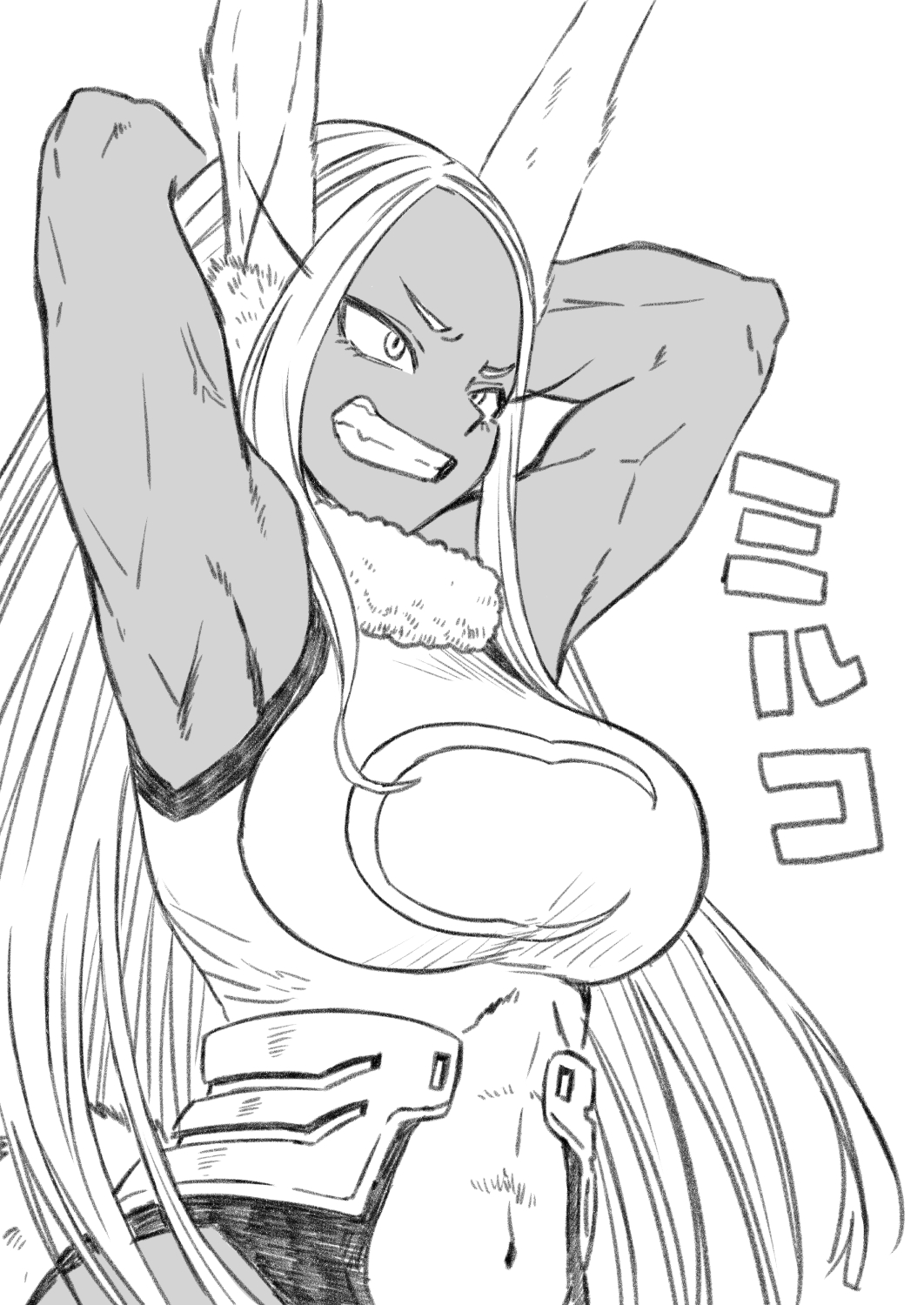 1girl animal_ears armpits arms_behind_head bare_shoulders boku_no_hero_academia breasts covered_abs covered_navel crescent_print fur_collar gloves greyscale grin highres jj_(ssspulse) large_breasts leotard long_eyelashes long_hair mirko monochrome parted_bangs rabbit_ears rabbit_girl sleeveless_turtleneck_leotard smile solo taut_leotard teeth toned toned_female upper_body very_long_hair