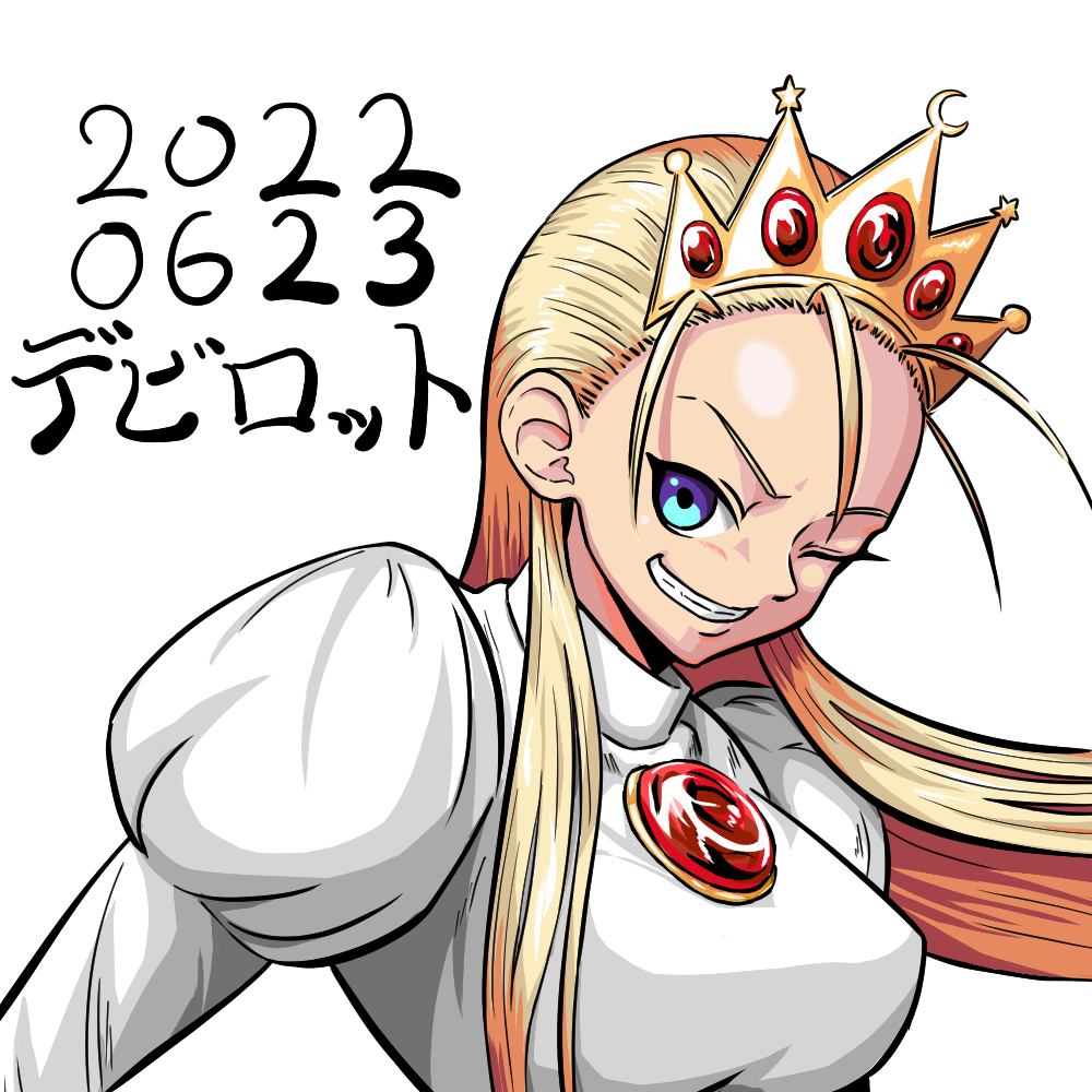 1girl antenna_hair blonde_hair blue_eyes corset crescent crown cyberbots devilot_de_deathsatan_ix dress evil_smile grey_background grin logo long_hair long_sleeves mojik04 smile solo star_(sky) twitter_username white_dress