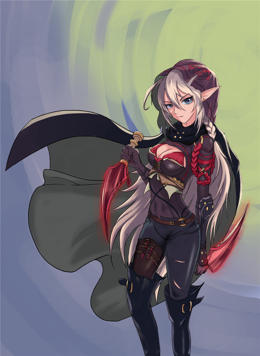 1girl belt belt_boots black_boots black_thighhighs bodystocking boots braid breasts cape cleavage cloak dark-skinned_female dark_skin dual_wielding dungeon_and_fighter earrings elf floral_print gloves highres holding holding_knife holding_weapon hood hooded_cloak jewelry knee_boots knife large_breasts leather leather_boots long_hair looking_at_viewer moon pointy_ears red_eyes rose_print shadow_dancer_(dungeon_and_fighter) shiny_skin simple_background solo thief_(dungeon_and_fighter) thigh_boots thigh_strap thighhighs torn_cape torn_clothes very_long_hair weapon weapon_in_garters white_hair