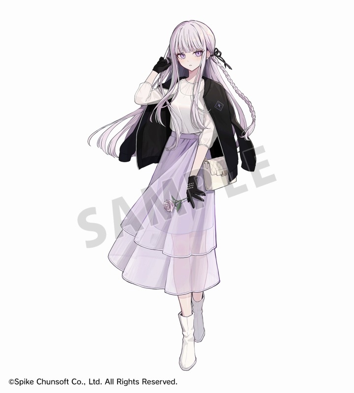 1girl akakura bag black_gloves black_jacket black_ribbon boots braid copyright_name danganronpa:_trigger_happy_havoc danganronpa_(series) flower full_body gloves grey_hair hair_ribbon holding holding_flower jacket jacket_on_shoulders kirigiri_kyoko long_hair long_sleeves official_art open_clothes open_jacket pink_eyes pink_skirt ribbon rose sample_watermark see-through_clothes see-through_skirt see-through_sleeves shirt shoulder_bag side_braid simple_background skirt solo watermark white_bag white_boots white_flower white_rose white_shirt