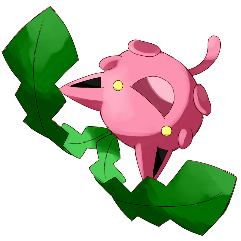 gen_2_pokemon good_frog hoppip looking_at_viewer nintendo no_humans open_mouth pokemon pokemon_(creature) simple_background solo upside-down white_background yellow_eyes