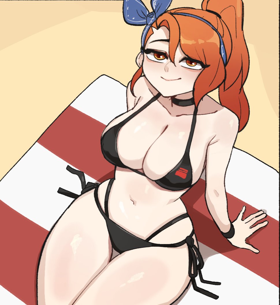 1girl arm_support beach beach_towel bikini black_bikini black_choker blue_hairband breasts choker cleavage closed_mouth collarbone commentary cowboy_shot english_commentary hairband hyyun_ho june_(hyyun_ho) large_breasts long_hair looking_at_viewer navel orange_eyes orange_hair original ponytail side-tie_bikini_bottom sitting smile solo swimsuit thighs towel wristband