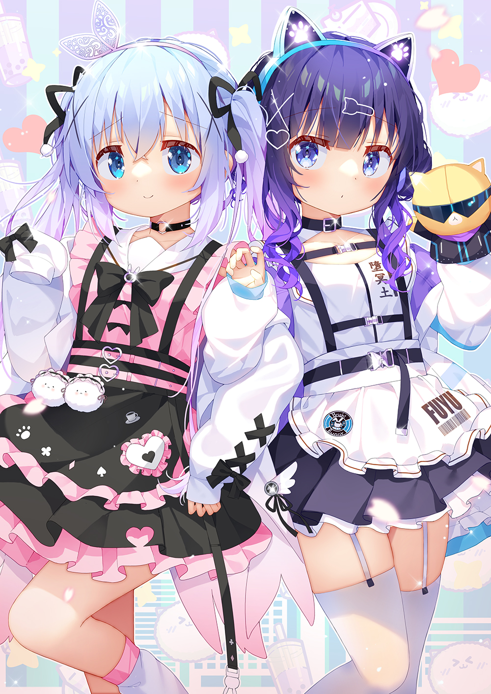 2girls animal_ears apron belt_collar black_bow black_choker black_ribbon blue_eyes blue_hair blush bow cat_ears choker claw_pose closed_mouth collar commentary_request dot_mouth dress drill_hair drill_sidelocks fake_animal_ears flat_chest frilled_apron frilled_dress frills fuiba_fuyu garter_straps gochuumon_wa_usagi_desu_ka? gradient_hair hair_ornament hair_ribbon hairclip hand_up heart heart_hair_ornament heart_o-ring highres jacket jersey_maid jirai_kei kafuu_chino long_hair long_sleeves looking_at_viewer maid medium_hair multicolored_hair multiple_girls o-ring o-ring_choker open_clothes open_jacket puffy_long_sleeves puffy_sleeves purple_eyes purple_hair ribbon sailor_collar sidelocks sleeves_past_fingers sleeves_past_wrists smile socks taku_michi thighhighs twintails unconventional_maid white_apron white_jacket white_socks white_thighhighs x_hair_ornament