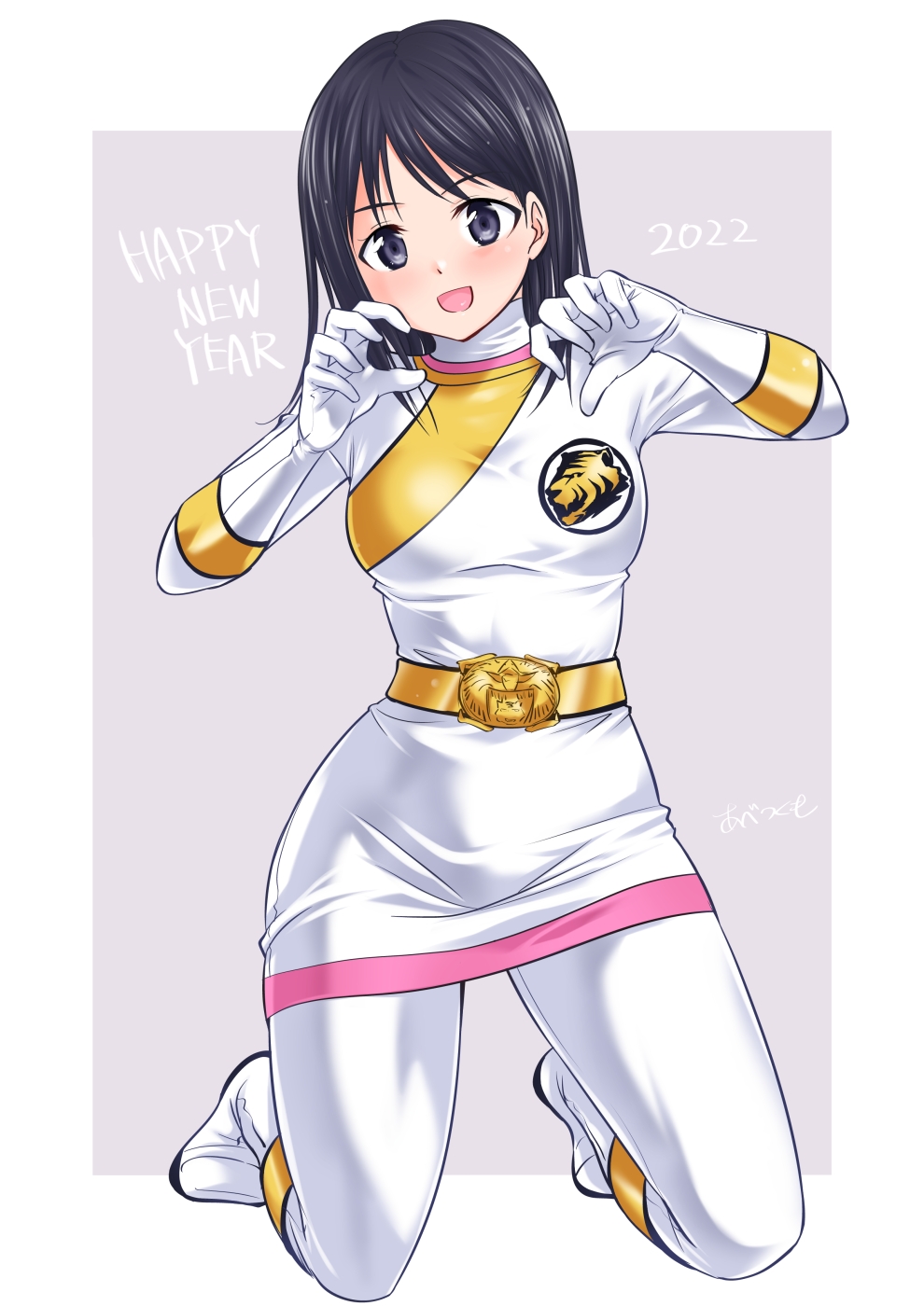 1girl 2022 20s abe_tsukumo animal_print belt black_hair blue_eyes bodysuit boots breasts chinese_zodiac claw_pose gao_white gloves gold_belt grey_background happy_new_year highres hyakujuu_sentai_gaoranger kneeling long_hair medium_breasts new_year print_bodysuit skirt super_sentai superhero_costume taiga_sae tiger tiger_print white_bodysuit white_footwear white_gloves white_skirt year_of_the_tiger