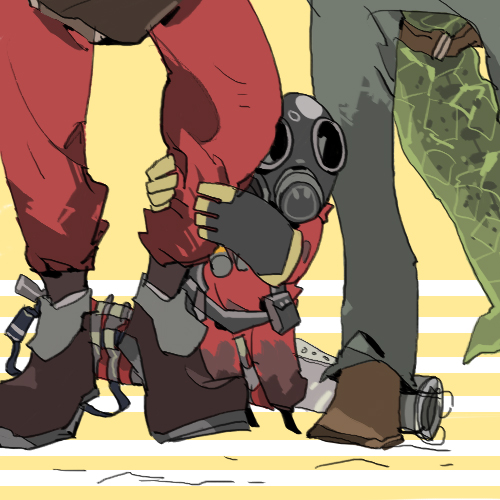 22_(tak_ja) 2boys bad_id bad_pixiv_id blu_sniper_(tf2) darwin&#039;s_danger_shield degreaser demoman_(tf2) explosive flamethrower gas_mask gloves lowres mask multiple_boys pyro_(tf2) red_demoman_(tf2) red_pyro_(tf2) sniper_(tf2) solo_focus standing team_fortress_2 weapon