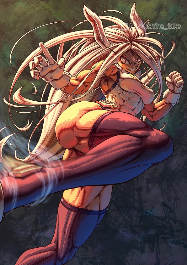 1girl animal_ears bare_shoulders boku_no_hero_academia breasts bunny_day clenched_hand covered_navel crescent_print dark-skinned_female dark_skin foreshortening fur_collar gloves glowing glowing_eyes grin highleg highleg_leotard imminent_kick leotard long_eyelashes long_hair looking_at_viewer medium_breasts mirko muscular muscular_female parted_bangs purple_thighhighs rabbit_ears rabbit_girl red_eyes smile solo taut_leotard thick_thighs thighhighs thighs twitter_username uchiha_jake very_long_hair white_gloves white_hair white_leotard