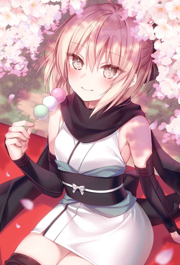 1girl arm_guards black_bow black_scarf black_thighhighs bow cherry_blossoms closed_mouth commentary dango fate/grand_order fate_(series) food grey_eyes hair_bow holding holding_food japanese_clothes kimono koha-ace looking_at_viewer ninja obi okita_souji_(fate) okita_souji_(koha-ace) outdoors petals pink_hair sash scarf short_hair short_kimono sitting smile solo sorai_shin&#039;ya symbol-only_commentary thighhighs wagashi white_kimono
