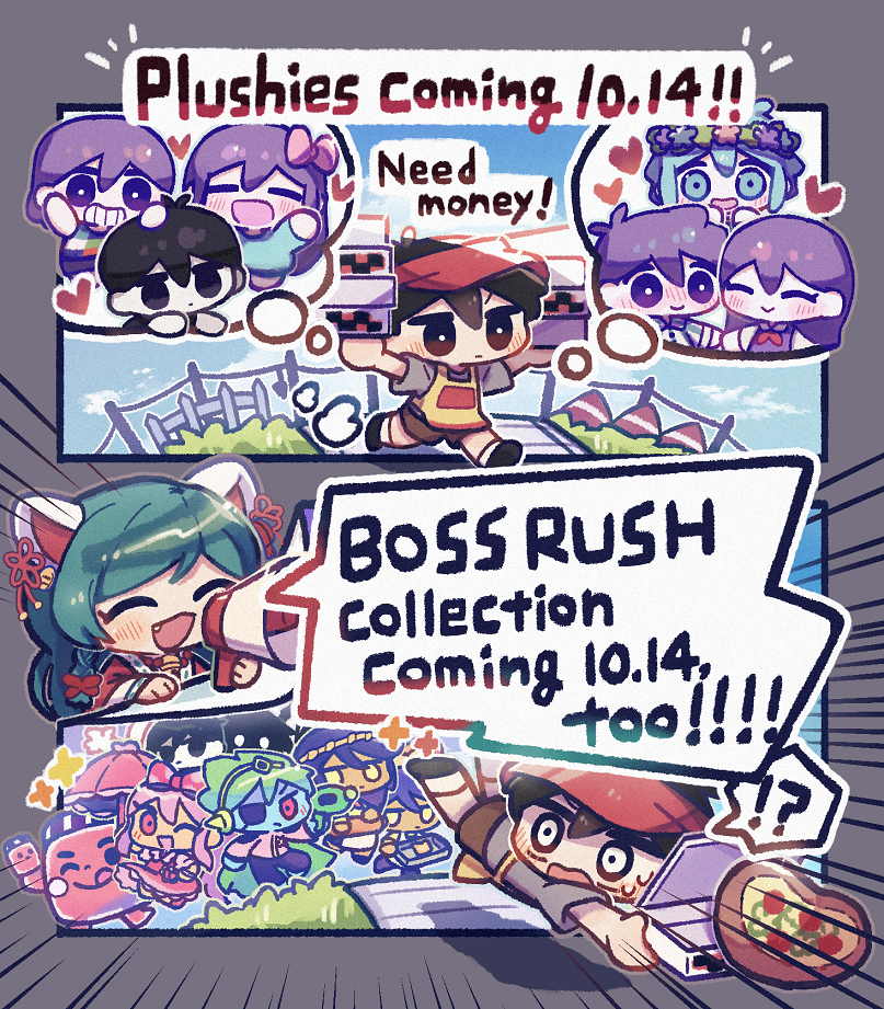 !? 1boy 1girl animal_ears apron aubrey_(headspace)_(omori) aubrey_(omori) baseball_cap basil_(headspace)_(omori) basil_(omori) biscuit_(omori) black_eyes black_hair blush bow box bright_pupils captain_spaceboy cat_ears cat_girl character_doll chibi closed_eyes comic doll doughie_(omori) english_text fang food green_hair grey_shirt hair_bow hat hero_(headspace)_(omori) hero_(omori) holding holding_box holding_megaphone kel_(headspace)_(omori) kel_(omori) life_jam_guy_(omori) long_hair mari_(headspace)_(omori) mari_(omori) megaphone omocat_(character) omori omori_(omori) open_mouth original pink_bow pizza pizza_box red_headwear shirt short_hair smile speech_bubble spoken_interrobang stranger_(omori) stuffed_toy sunny_(omori) sweetheart_(omori) thought_bubble wakame_(vhai26uhykmqb9k) white_pupils yellow_apron