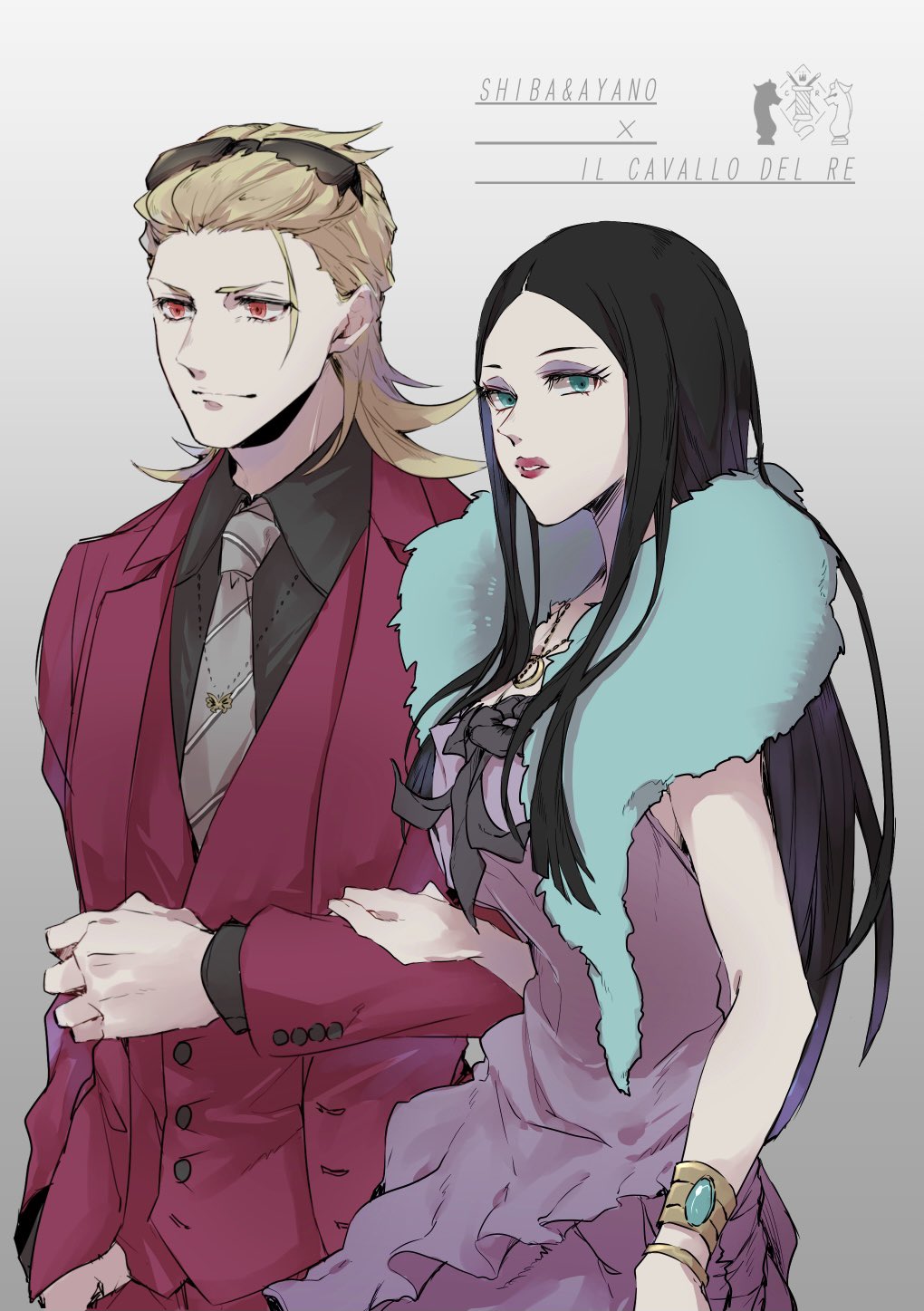 1boy 1girl ayano_(ntwewy) black_hair black_shirt blonde_hair bracelet butterfly_necklace closed_mouth dress eyelashes eyeshadow green_eyes green_scarf hand_on_another&#039;s_arm highres jewelry lipstick long_hair makeup medium_hair necktie purple_dress red_eyes red_suit scarf shiba_(ntwewy) shin_subarashiki_kono_sekai shirt subarashiki_kono_sekai suit sunglasses_on_head upper_body