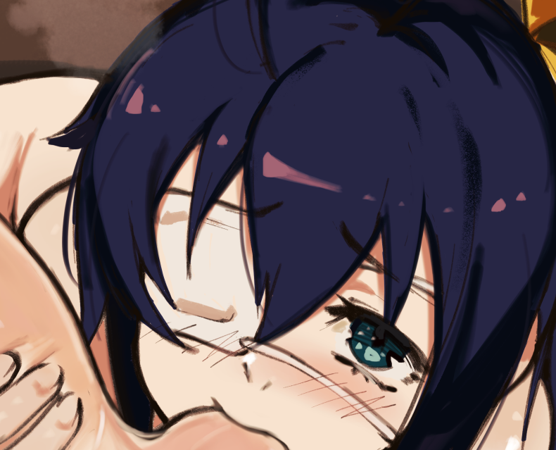 1boy 1girl black_eyes chuunibyou_demo_koi_ga_shitai! fellatio hair_between_eyes hair_ribbon head hetero nude oral penis purple_hair ribbon roropull solo_focus takanashi_rikka yellow_ribbon