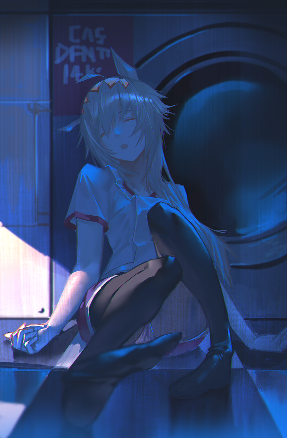 1girl ahoge animal_ears closed_eyes commentary facing_viewer full_body gym_shirt gym_shorts hair_ornament highres horse_ears horse_girl indoors kasamatsu_tracen_training_uniform long_hair night oguri_cap_(umamusume) on_floor open_mouth pantyhose pantyhose_under_shorts race_bib shirt shoes short_sleeves shorts sitting sleeping solo t-shirt umamusume umamusume:_cinderella_gray washing_machine xleontan