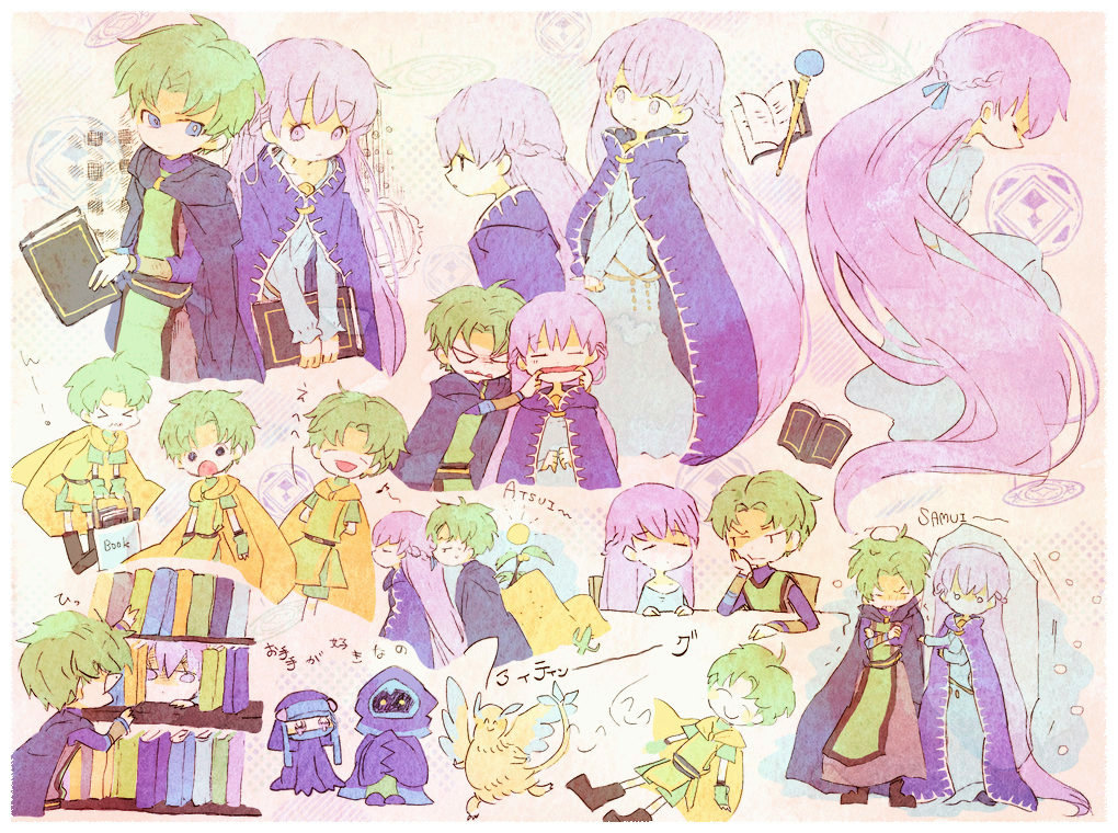 1girl 2boys ^_^ absurdly_long_hair angry belt blue_eyes book bookshelf boots braid chibi cloak closed_eyes dragon fae_(fire_emblem) fire_emblem fire_emblem:_the_binding_blade frown green_hair kappaman laughing light_purple_hair long_hair looking_at_another lugh_(fire_emblem) mouth_pull multiple_boys musical_note nintendo open_mouth own_hands_together purple_eyes raigh_(fire_emblem) robe romaji_text short_hair snow sophia_(fire_emblem) spiked_hair staff surprised tabard trembling very_long_hair