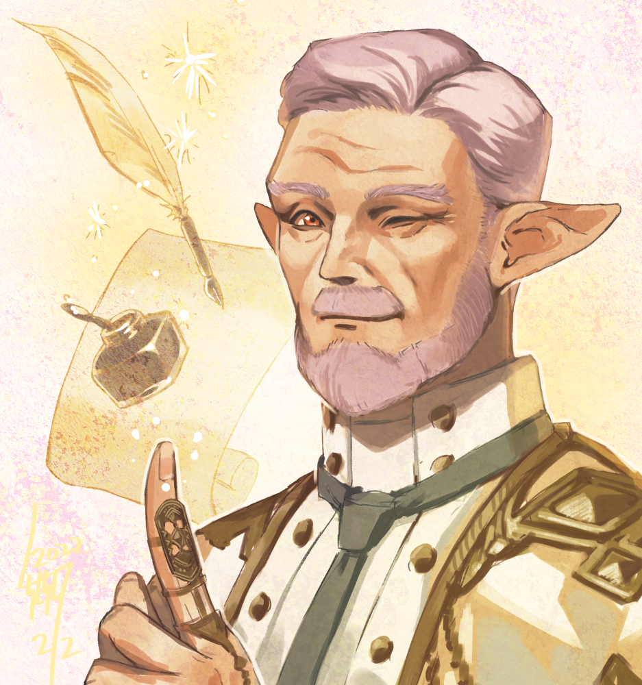 1boy artist_name beard blue_necktie claw_ring closed_mouth dated elezen elf facial_hair feathers final_fantasy final_fantasy_xiv forehead forked_eyebrows grey_hair hand_up happy index_finger_raised inkwell jacket jewelry looking_at_viewer male_focus montichaigne mustache necktie old old_man one_eye_closed outline paper pointy_ears quill red_eyes ring short_hair signature smile solo sparkle tsunetaka_rakurai upper_body white_jacket white_outline wink