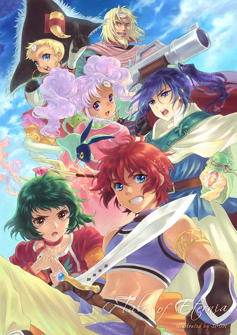 00s 3boys 3girls beard blonde_hair blue_hair chat_(tales) clenched_teeth cloud copyright_name facial_hair farah_oersted fog_(tales) green_hair gun keele_zeibel looking_at_viewer looking_back meredy_(tales) multiple_boys multiple_girls outdoors purple_hair quickie_(tales) red_hair reid_hershel short_hair sky smile staff sword tales_of_(series) tales_of_eternia teeth twintails weapon