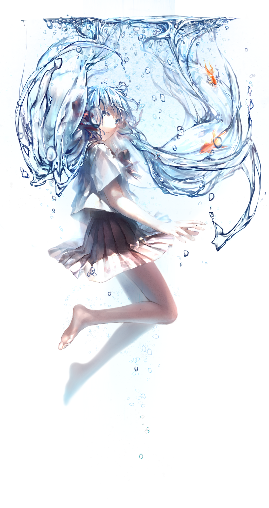 1girl barefoot blue_eyes blue_hair bottle_miku bubble dekatanaba female_focus fish goldfish hatsune_miku highres liquid_hair long_hair looking_at_viewer matching_hair/eyes md5_mismatch revision school_uniform serafuku shirt short_sleeves skirt solo twintails underwater very_long_hair vocaloid yamaha