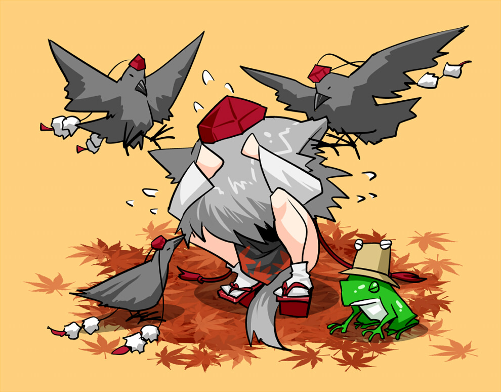1girl animal_ears autumn_leaves bad_id bad_pixiv_id between_legs bird commentary_request cowering crow flying_sweatdrops frog geta hands_on_own_head hat hat_ribbon inubashiri_momiji leaf moriya_suwako moriya_suwako_(frog) namakara_exe pyonta ribbon shameimaru_aya shameimaru_aya_(crow) silver_hair squatting tail tail_between_legs tokin_hat touhou wolf_ears wolf_tail