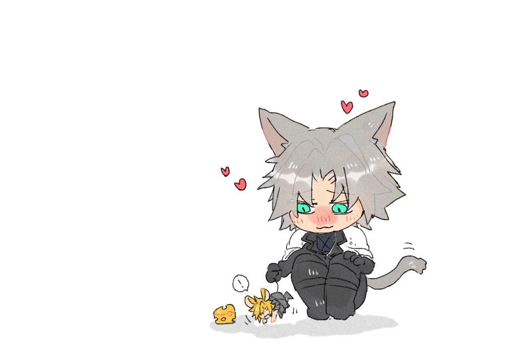 ! 2boys :3 animal_ears aqua_eyes armor black_boots black_coat black_gloves blonde_hair blush boots cat_boy cat_ears cat_tail cheese chibi chibi_only cloud_strife coat commentary final_fantasy final_fantasy_vii final_fantasy_vii_advent_children final_fantasy_vii_ever_crisis food gloves grey_hair hair_intakes heart holding holding_mini_person kemonomimi_mode knee_boots long_sleeves looking_down male_focus mini_person miniboy mouse_boy mouse_ears mouse_tail multiple_boys no_gloves parted_bangs pauldrons sa_j1 sephiroth sephiroth_(ever_crisis) shadow short_hair shoulder_armor sitting size_difference slit_pupils spiked_hair spoken_heart symbol-only_commentary tail waist_cape white_background yaoi