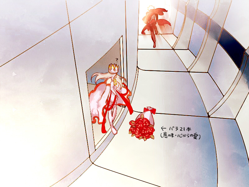 1boy 1girl ? blonde_hair bouquet cape commentary crown detached_sleeves dress_of_heaven emiya_kiritsugu emiya_kiritsugu_(assassin) fate/grand_order fate_(series) fleeing flower hallway irisviel_von_einzbern irisviel_von_einzbern_(caster) kouya_(kyk428) red_cape thighhighs translation_request white_hair white_thighhighs