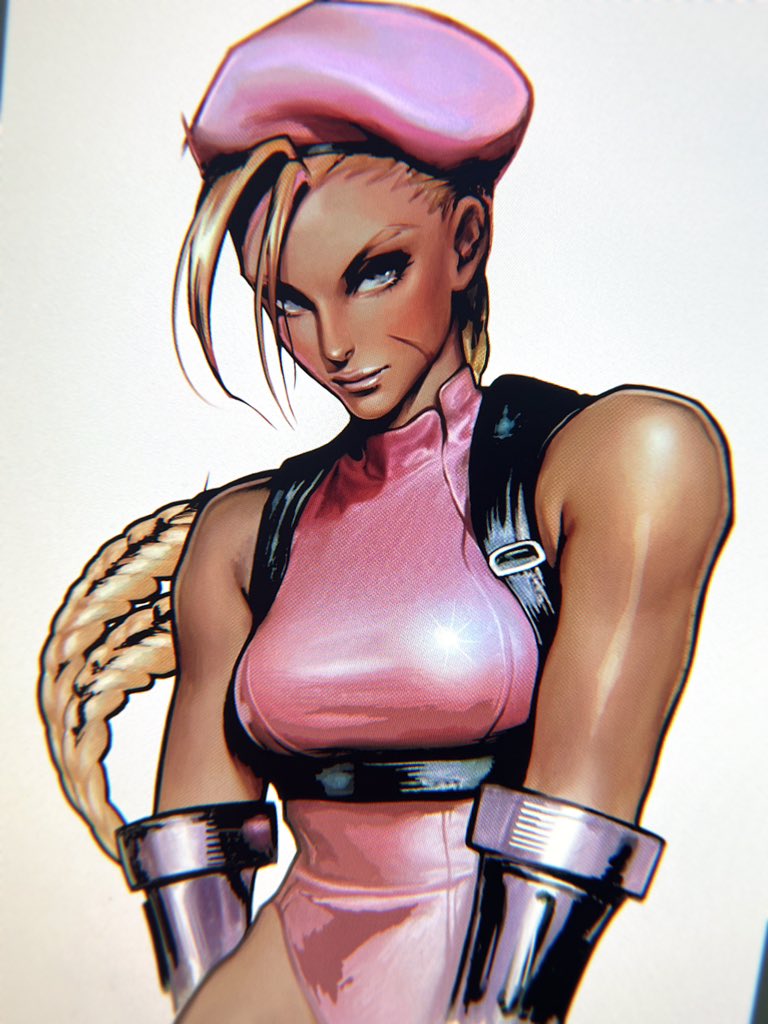 1girl bare_shoulders beret black_gloves blonde_hair blue_eyes braid breasts cammy_white chest_harness closed_mouth elbow_gloves evolution_championship_series facial_scar gloves harness hat highleg highleg_leotard leotard long_hair looking_at_viewer medium_breasts oluyemiart pink_hat pink_leotard scar scar_on_cheek scar_on_face solo street_fighter street_fighter_6 swept_bangs twin_braids upper_body