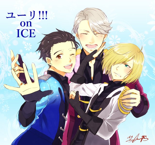 3boys ;d aiguillette annoyed aqua_background black_coat black_gloves black_hair black_shirt blonde_hair blue_coat blush closed_eyes coat collared_shirt commentary_request copyright_name elbow_gloves facing_viewer gloves gradient_background gradient_clothes gradient_coat grey_coat grey_hair hair_over_one_eye hair_slicked_back hand_on_another&#039;s_cheek hand_on_another&#039;s_face hand_on_another&#039;s_shoulder jewelry katsuki_yuuri long_bangs looking_at_viewer looking_to_the_side lower_teeth_only male_focus multicolored_coat multiple_boys one_eye_closed open_collar open_mouth parted_hair pink_coat purple_coat ring shirt short_hair shoulder_boards signature three-quarter_sleeves smile snowflake_background snowflakes sparkle teeth toggles upper_body upper_teeth_only viktor_nikiforov waving white_background white_coat yuncho yuri!!!_on_ice yuri_plisetsky