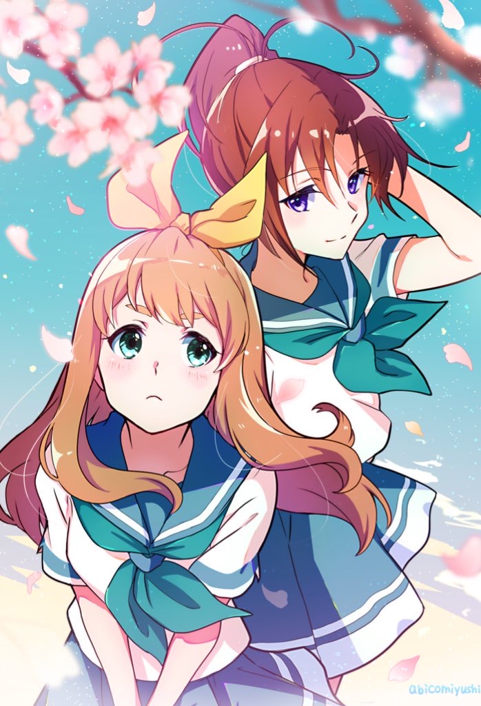 2girls abicomiyushi artist_name blonde_hair blue_eyes blue_neckerchief blue_sailor_collar blue_skirt brown_hair cherry_blossoms closed_mouth flower hair_ribbon hibike!_euphonium kitauji_high_school_uniform long_hair looking_at_another multiple_girls nakagawa_natsuki neckerchief outdoors petals pink_flower pleated_skirt ponytail purple_eyes ribbon sailor_collar school_uniform serafuku shirt short_sleeves signature skirt smile spring_(season) standing tree white_shirt yellow_ribbon yoshikawa_yuuko