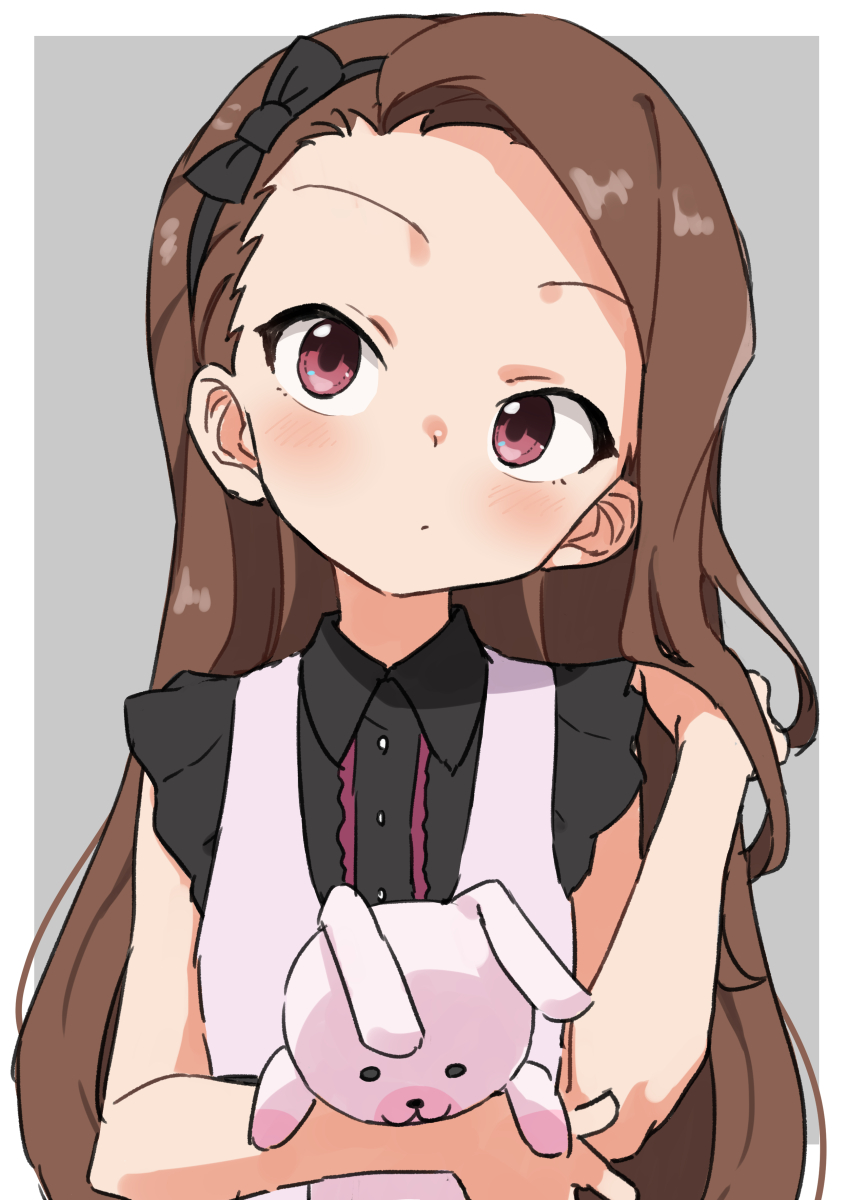 1girl bare_shoulders black_bow black_hairband blush border bow breasts brown_eyes brown_hair closed_mouth dot_nose dress gazacy_(dai) grey_background hairband hand_in_own_hair hand_up highres holding holding_stuffed_toy idolmaster idolmaster_(classic) idolmaster_million_live! idolmaster_million_live!_theater_days long_hair looking_at_another minase_iori outside_border simple_background small_breasts solo stuffed_animal stuffed_rabbit stuffed_toy two-tone_dress upper_body usa-chan_(idolmaster) white_border