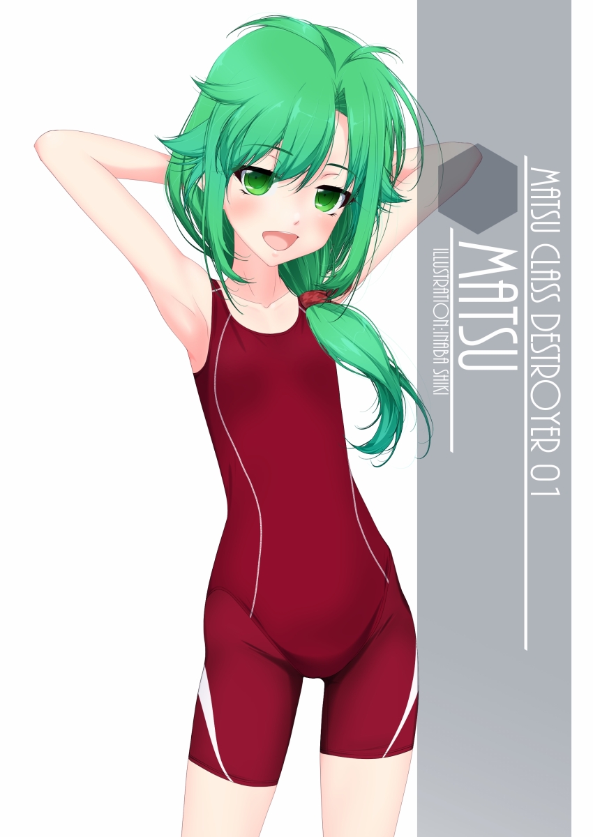 1girl :d antenna_hair arms_behind_head artist_name bodysuit character_name collarbone competition_swimsuit cowboy_shot diving_suit eyes_visible_through_hair flat_chest green_eyes green_hair hair_between_eyes hair_ornament hair_over_shoulder highres inaba_shiki kantai_collection long_hair looking_at_viewer matsu_(kancolle) one-piece_swimsuit open_mouth red_one-piece_swimsuit red_scrunchie red_wetsuit scrunchie smile solo standing striped_clothes striped_one-piece_swimsuit swimsuit teeth vertical-striped_clothes vertical-striped_one-piece_swimsuit wetsuit