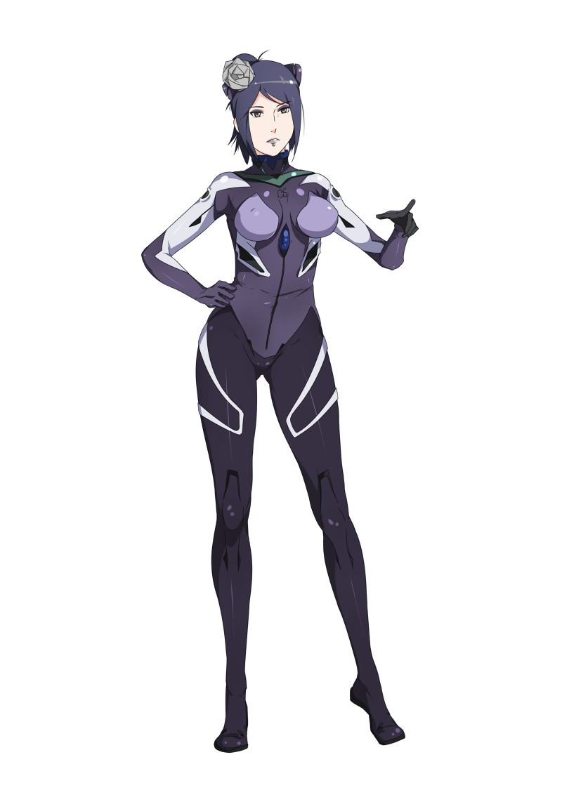 1girl black_suit blue_hair bodysuit brown_eyes commission cosplay eyeshadow face_piercing female_focus flower formal_clothes hair_flower hair_ornament hair_up hand_on_own_hip konan_(naruto) labret_piercing makeup mecha_pilot_suit naruto_(series) naruto_shippuuden neon_genesis_evangelion piercing plugsuit_(cosplay) plugsuit_(evangelion) ponytail sbel02 simple_background skin_tight solo standing suit transparent_background turtleneck white_background