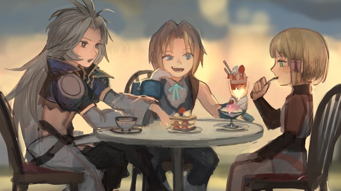 1girl 2boys blonde_hair blue_eyes brother_and_sister brothers eating final_fantasy final_fantasy_ix food gloves green_eyes hair_tubes ice_cream kuja medium_hair mikoto_(ff9) multiple_boys open_mouth sasumata_jirou short_hair siblings smile square_enix sundae tail zidane_tribal