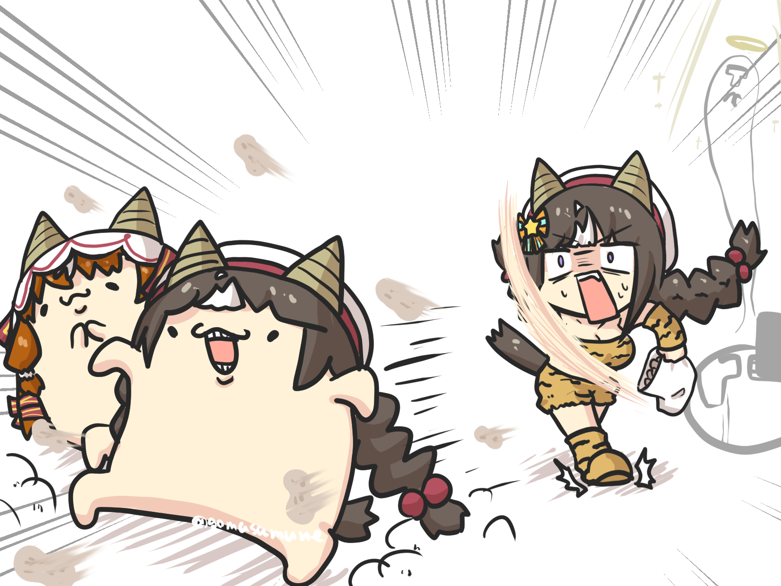 1girl 1other ^^^ animal_print bare_shoulders beret bow breasts brown_hair brown_shorts brown_socks chibi cleavage closed_mouth emphasis_lines fake_horns feeding force-feeding giving_up_the_ghost goma_(gomasamune) hair_bow hair_ornament halo hat highres hokko_tarumae_(umamusume) horns large_breasts multicolored_hair no_shoes open_mouth peanut print_shorts print_socks purple_eyes setsubun shorts socks solid_oval_eyes star_(symbol) star_hair_ornament still_in_love_(umamusume) striped_bow sweat t-head_trainer_(umamusume) throwing tiger_print trainer_(umamusume) two-tone_hair umamusume v-shaped_eyebrows veil white_background white_hair white_hat wide-eyed
