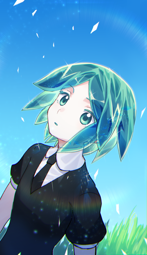 1other androgynous aqua_eyes aqua_hair black_necktie black_shirt black_shorts blue_sky collar colored_skin crystal_hair gem_uniform_(houseki_no_kuni) grass houseki_no_kuni necktie open_mouth outdoors phosphophyllite phosphophyllite_(gemstone) shirt short_sleeves shorts sky white_collar white_skin xox_xxxxxx