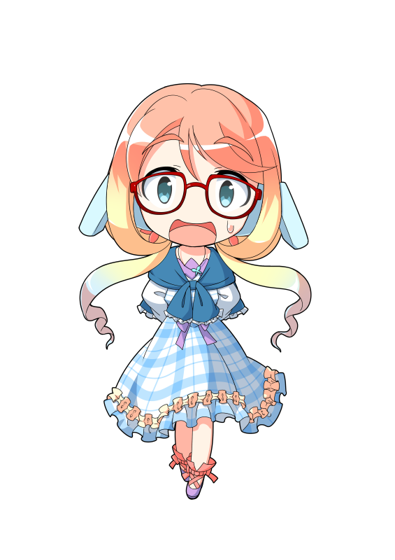 1girl ankle_lace-up arms_behind_back blonde_hair blue_dress blue_eyes chibi chibi_only commentary_request cross-laced_shoes dairi dress frilled_dress frills full_body glasses gradient_hair hair_ornament haruno_sora jewelry large_variant_set long_hair long_sleeves looking_at_viewer mole mole_under_mouth multicolored_hair open_mouth pendant plaid_clothes plaid_dress purple_shoes raised_eyebrows red-framed_eyewear red_ribbon ribbon shoes smile solo standing straight-on sweatdrop tachi-e transparent_background variant_set vocaloid voiceroid