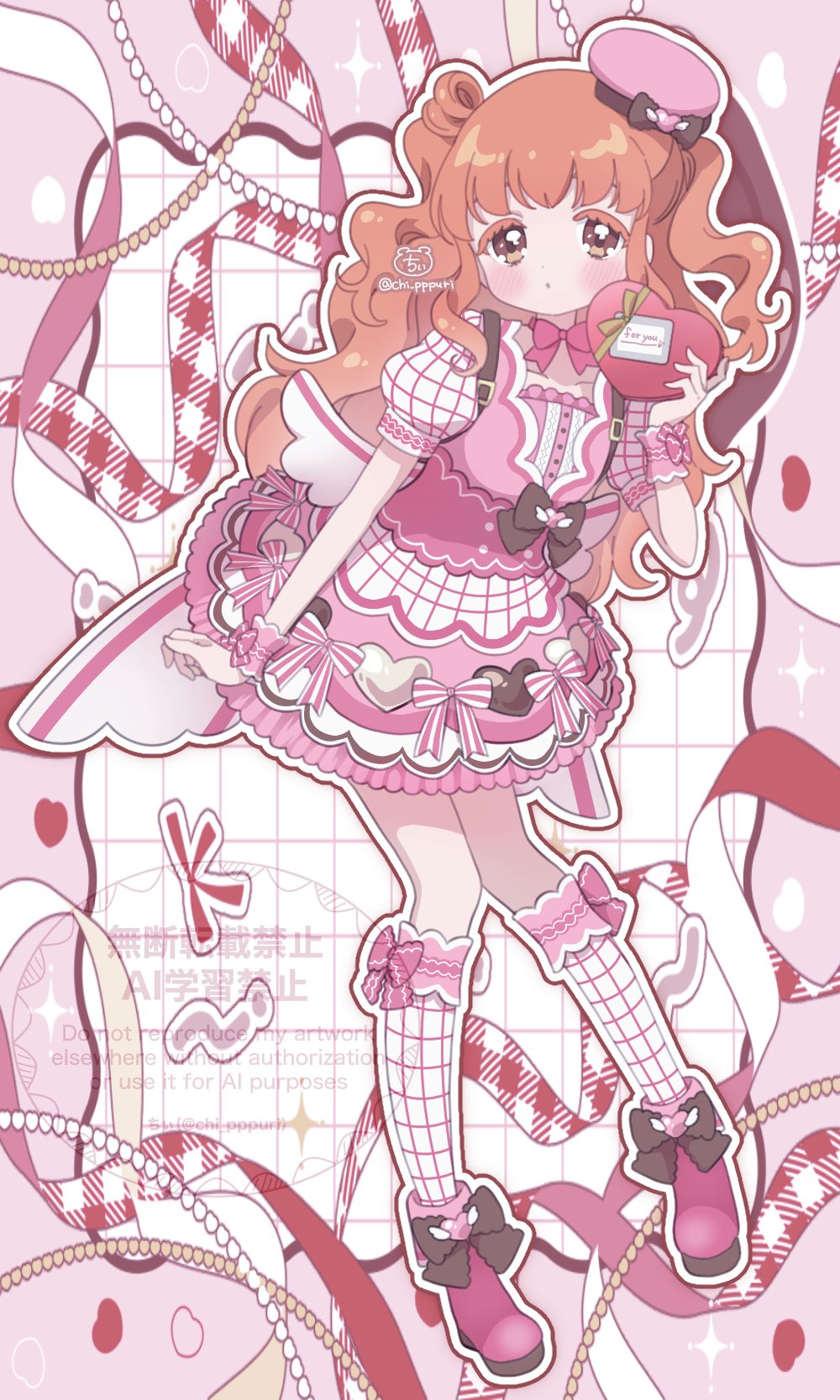 :o arm_at_side artist_name black_bow blush bow bow_legwear bowtie chii_(chi_pppuri) clenched_hand colored_eyelashes commentary copyright_notice dot_nose dress footwear_bow full_body grid_background grid_print hand_up hat highres himitsu_no_aipri holding kneehighs knees_together_feet_apart long_hair looking_at_viewer orange_eyes orange_hair outline pink_bow pink_bowtie pink_dress pink_hat pink_shoes pink_wrist_cuffs pretty_series shinomiya_rinrin shoes short_dress short_sleeves socks standing twitter_username valentine watermark wavy_hair white_outline white_socks wrist_cuffs