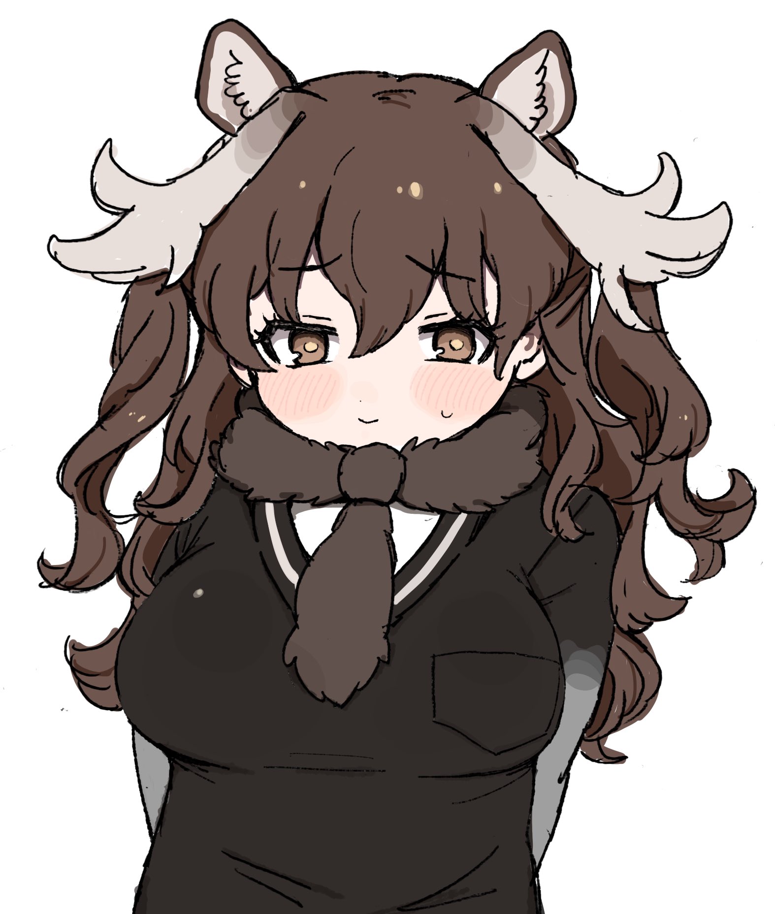 010mzam 1girl alternate_hairstyle animal_ears antlers arms_behind_back blush brown_eyes brown_fur brown_hair brown_necktie brown_sweater embarrassed extra_ears fur_collar grey_sweater hair_between_eyes highres horns kemono_friends long_hair looking_at_viewer moose_(kemono_friends) moose_antlers moose_ears moose_girl necktie sidelocks solo sweatdrop sweater twintails two-tone_sweater upper_body