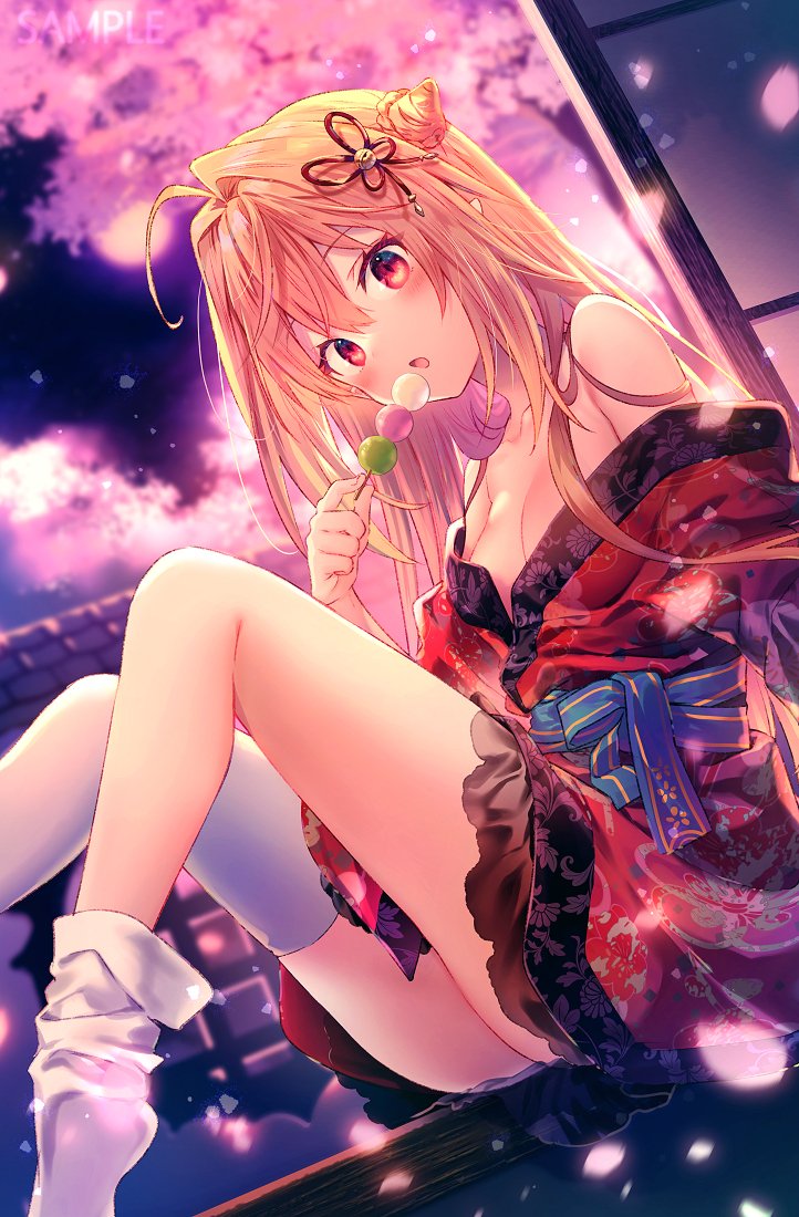 1girl ahoge ass blonde_hair breasts cherry_blossoms cleavage dango dutch_angle falling_petals food hair_intakes hair_ornament hikikomari_kyuuketsuki_no_monmon holding holding_food kimono_dress knees_up long_hair night obi parted_lips petals red_eyes riichu sanshoku_dango sash sitting solo terakomari_gandezblood thighhighs wagashi white_thighhighs windowsill