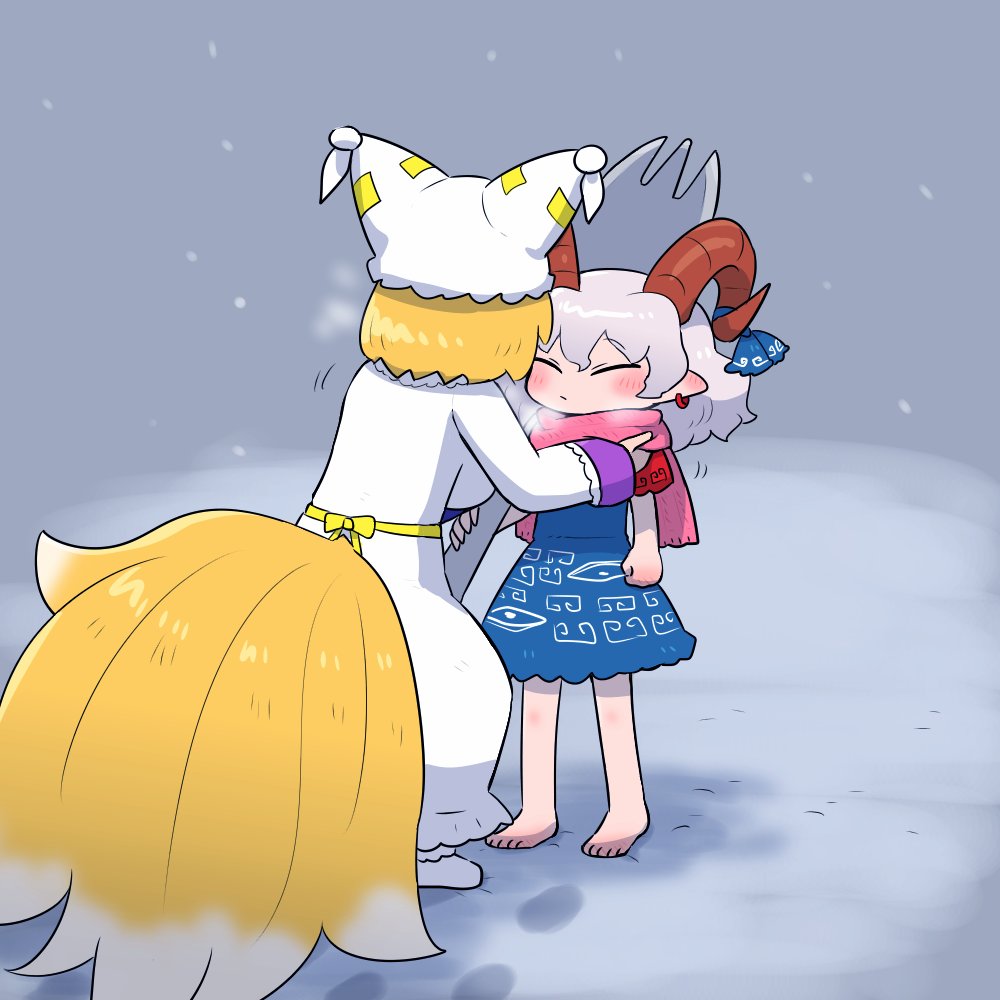 2girls adjusting_scarf barefoot belt blonde_hair blue_bow blue_dress blush bow breath commentary_request dress ear_blush earrings eye_print fox_girl fox_tail from_behind goat_girl goat_horns grey_sky hair_between_eyes hat holding holding_spork horn_bow horn_ornament horns jewelry kasugai_(de-tteiu) light_frown long_sleeves meandros medium_hair mob_cap motion_lines multiple_girls multiple_tails outdoors pink_scarf pointy_ears purple_wrist_cuffs red_horns red_sleeves scarf short_hair short_sleeves sky snow snowing spork tail touhou toutetsu_yuuma white_dress white_footwear white_hair wrist_cuffs yakumo_ran yellow_belt yellow_bow