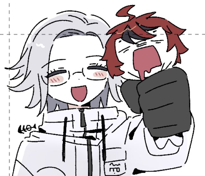aotsuki_eito black_hair blush dotted_line drawstring eyelashes glasses hand_up holding_chibi jacket open_mouth parted_hair red_hair simple_background strangling sumino_takumi the_hundred_line_-last_defense_academy- white_background white_jacket zipper zipper_pull_tab