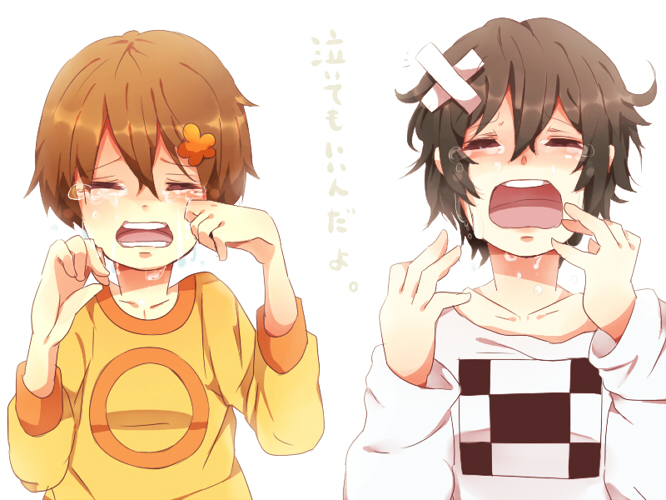 1boy 1girl brown_hair chie_(lcddem) collarbone crossover crying daminnaisu closed_eyes kamitsuki_(yume_shousen_mousou) lcddem open_mouth short_hair tears translation_request wiping_tears yume_shousen_mousou