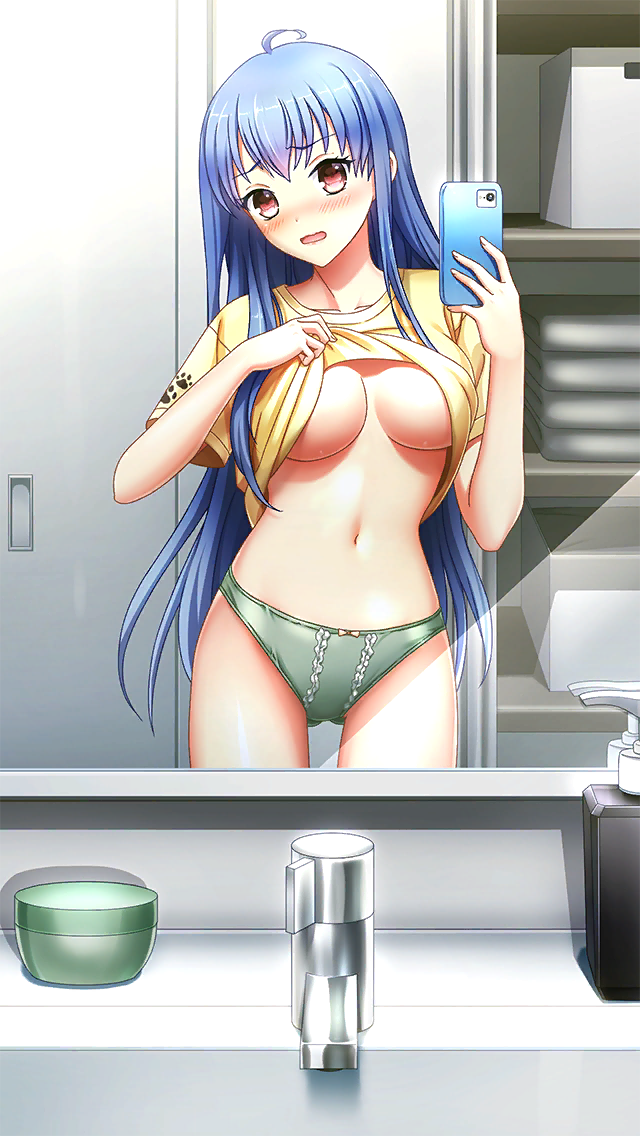 1girl ahoge blue_hair blush breasts brown_eyes cellphone clothes_lift collarbone cowboy_shot doukyuusei_(series) doukyuusei_another_world embarrassed female_pov game_cg gluteal_fold green_panties head_tilt holding holding_phone indoors kakyuusei_(series) kakyuusei_2 lifting_own_clothes long_hair medium_breasts navel official_art open_mouth panties phone pov selfie shirt shirt_lift short_sleeves smartphone solo standing straight_hair t-shirt takatoo_nanase thigh_gap underboob underwear very_long_hair yellow_shirt