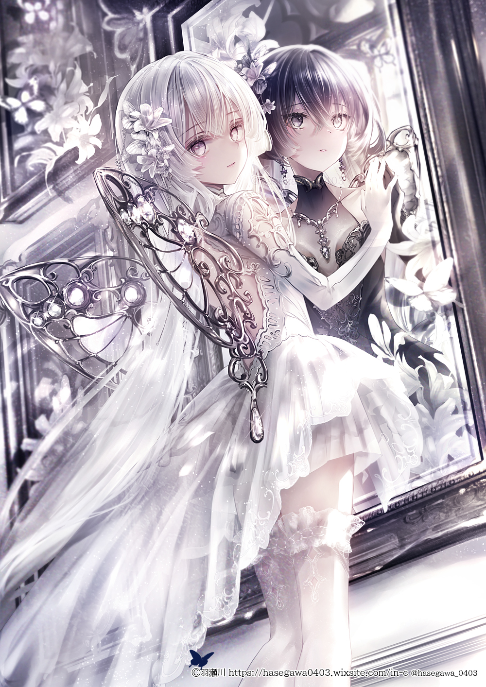 2girls back_cutout black_dress black_hair breasts bug butterfly butterfly_wings cleavage clothing_cutout collarbone commentary_request different_reflection dress fake_wings feet_out_of_frame flower grey_hair hair_flower hair_ornament halter_dress halterneck hand_on_mirror hane_segawa high-low_dress highres insect insect_wings lace lace_thighhighs looking_at_viewer medium_breasts mirror multiple_girls original parted_lips reflection see-through_cleavage see-through_clothes standing thighhighs white_dress white_flower white_hair white_thighhighs wings