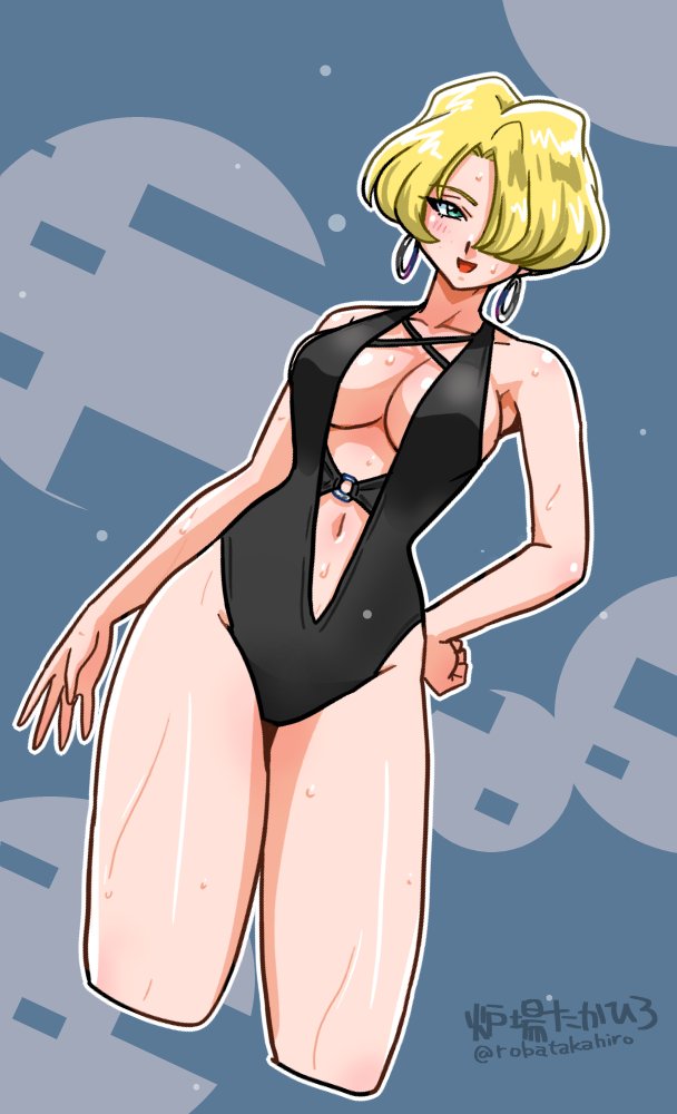 1girl artist_name black_one-piece_swimsuit blonde_hair breasts center_opening cleavage clothing_cutout collarbone commentary earrings hair_over_one_eye hand_on_own_hip hoop_earrings jewelry large_breasts looking_at_viewer maria_tachibana navel_cutout o-ring o-ring_swimsuit one-piece_swimsuit sakura_taisen short_hair solo swimsuit wanta_(futoshi)