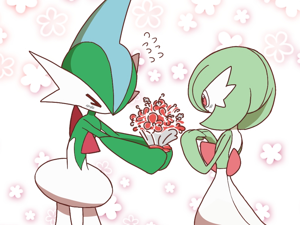 &gt;_&lt; 1boy 1girl arms_up back blue_hair blush bob_cut bouquet closed_eyes colored_skin cowboy_shot floral_background flower flying_sweatdrops from_behind gallade gardevoir gen_3_pokemon gen_4_pokemon giving green_hair green_skin hair_over_one_eye hands_up holding holding_bouquet light_blush looking_at_another mohawk monya multicolored_hair multicolored_skin nintendo one_eye_covered outstretched_arms own_hands_together pokemon pokemon_(creature) red_eyes red_flower short_hair standing two-tone_hair two-tone_skin white_background white_skin