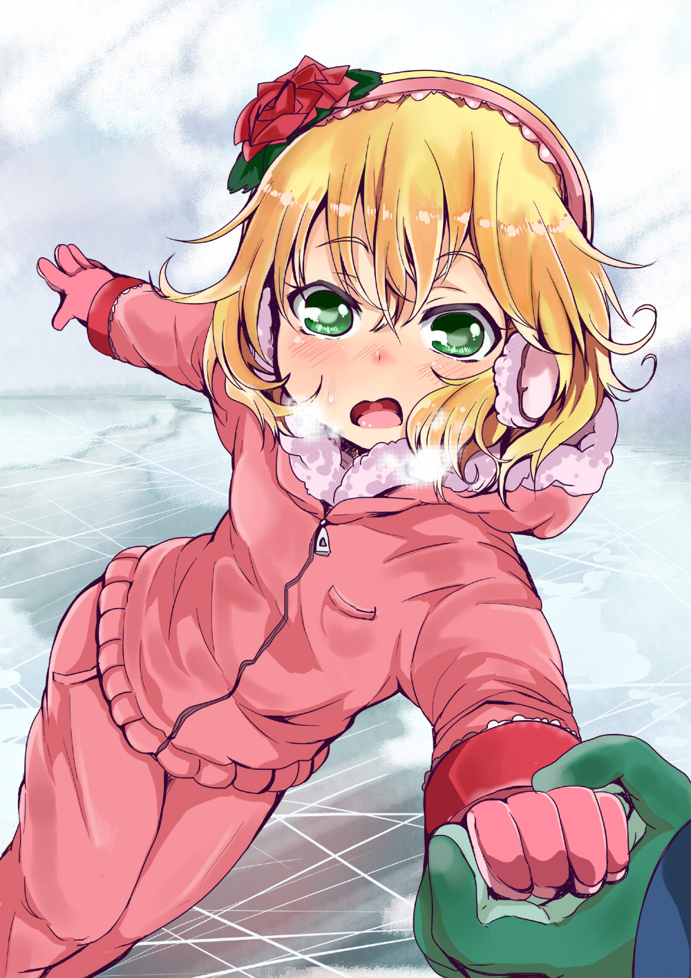1girl blonde_hair blush flower gloves green_eyes hair_flower hair_ornament holding_hands highres hood ice_skating idolmaster idolmaster_cinderella_girls jacket messy_hair pov sakurai_momoka shi_ecchi skating solo_focus winter_clothes
