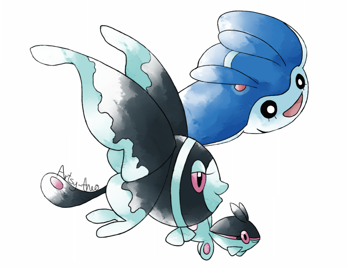 artist_name artsy-theo finneon fish gen_4_pokemon lumineon mantyke nintendo no_humans open_mouth pokemon pokemon_(creature) simple_background white_background