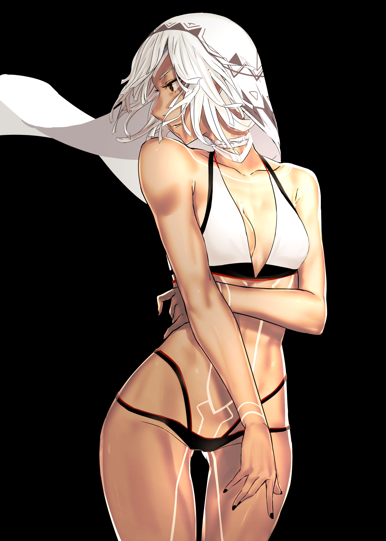 1girl altera_(fate) bare_shoulders bikini black_background black_nails breasts cleavage dark-skinned_female dark_skin fate/grand_order fate_(series) female_focus full-body_tattoo highres i-pan long_hair medium_breasts nail_polish parted_lips red_eyes short_hair simple_background solo standing swimsuit tattoo very_long_hair white_hair