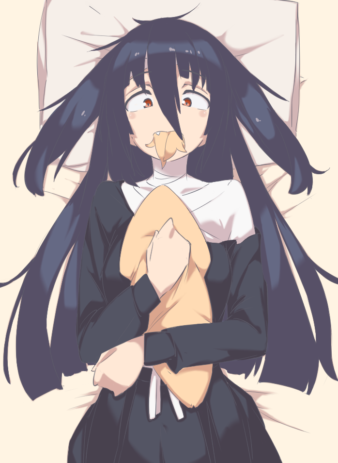 10s bandaged_neck bandages black_hair cleaning_rag eating fang full_mouth holding holding_to_chest holding_toy long_hair looking_at_viewer md5_mismatch messy_hair off_shoulder puta_(user_eftv4243) red_eyes resolution_mismatch solo source_smaller stuffed_toy toy yamada_tae zombie_land_saga