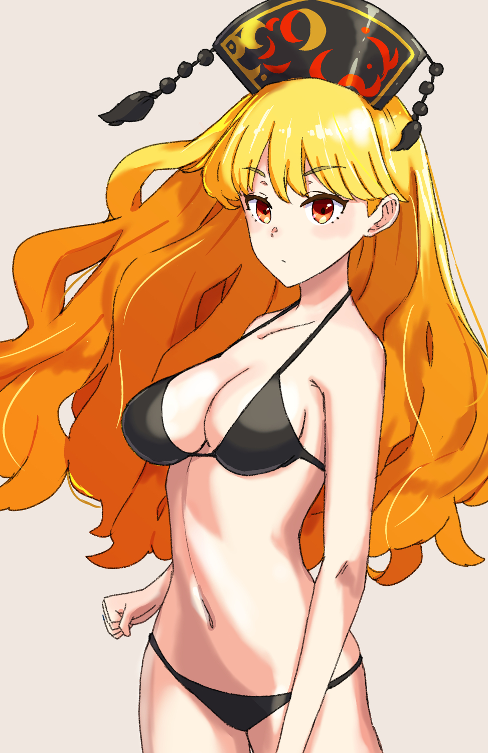 1girl bikini blonde_hair breasts colored_skin grey_background headdress highres jack_(wkm74959) junko_(touhou) long_hair medium_breasts simple_background solo swimsuit touhou very_long_hair white_skin